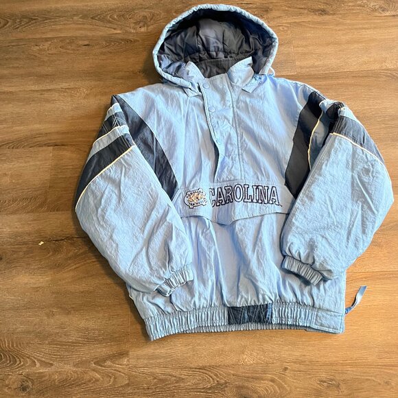 Vintage Starter North Carolina UNC Tar Heels Puffer Jacket Blue Mens L Hooded - Picture 3 of 5